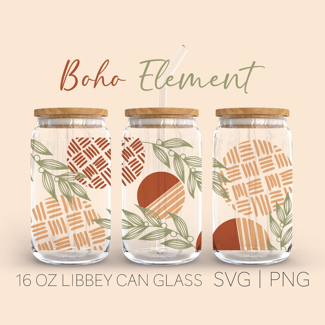 Boho Element Libbey Can Glass Svg, 16 Oz Can Glass, Boho Svg, Botanical ...