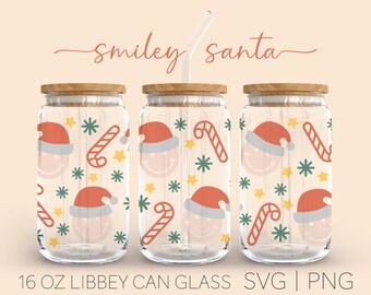 Smiley Santas • 16oz Glass Can Cutfile, Christmas Svg, Merry Christmas Svg, Santa Svg, Svg File For Cricut, Digital Download