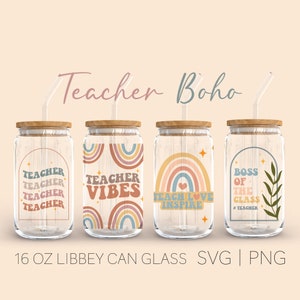 Teacher Vibes Libbey Can Glass Svg, 16 Can Glass, Beer Can Glass, Boho Svg, Rainbow Png, Boho Rainbow, Digital Download