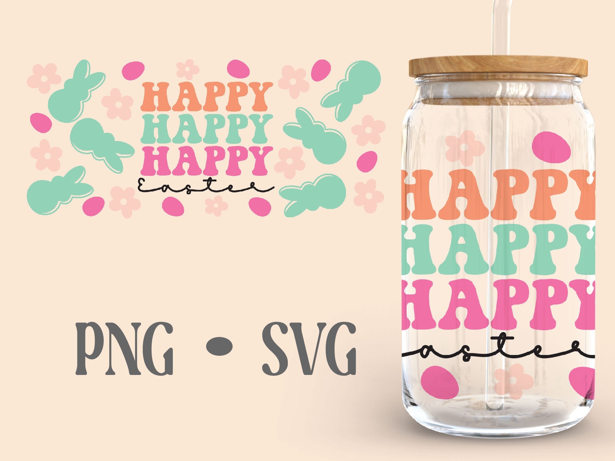 Happy Easter • 16 Oz Glass Can Cut File, Easter Can Glass Wrap Svg ...