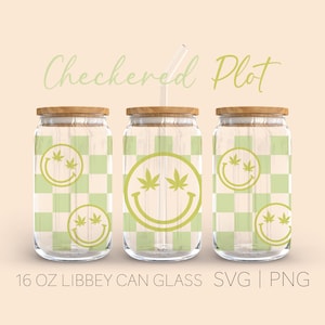 A cuadros Smiley Weed Libbey Can Glass Svg, 16 Oz Can Glass, Smiley Face Svg, Weed Svg, Aesthetic Svg, Retro Svg, Digital Download
