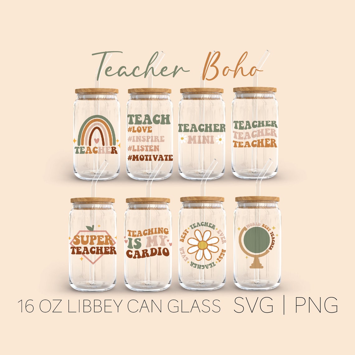 Teachher Boho Libbey Can Glass Svg, 16 Oz Can Glass, Beer Can Glass ...
