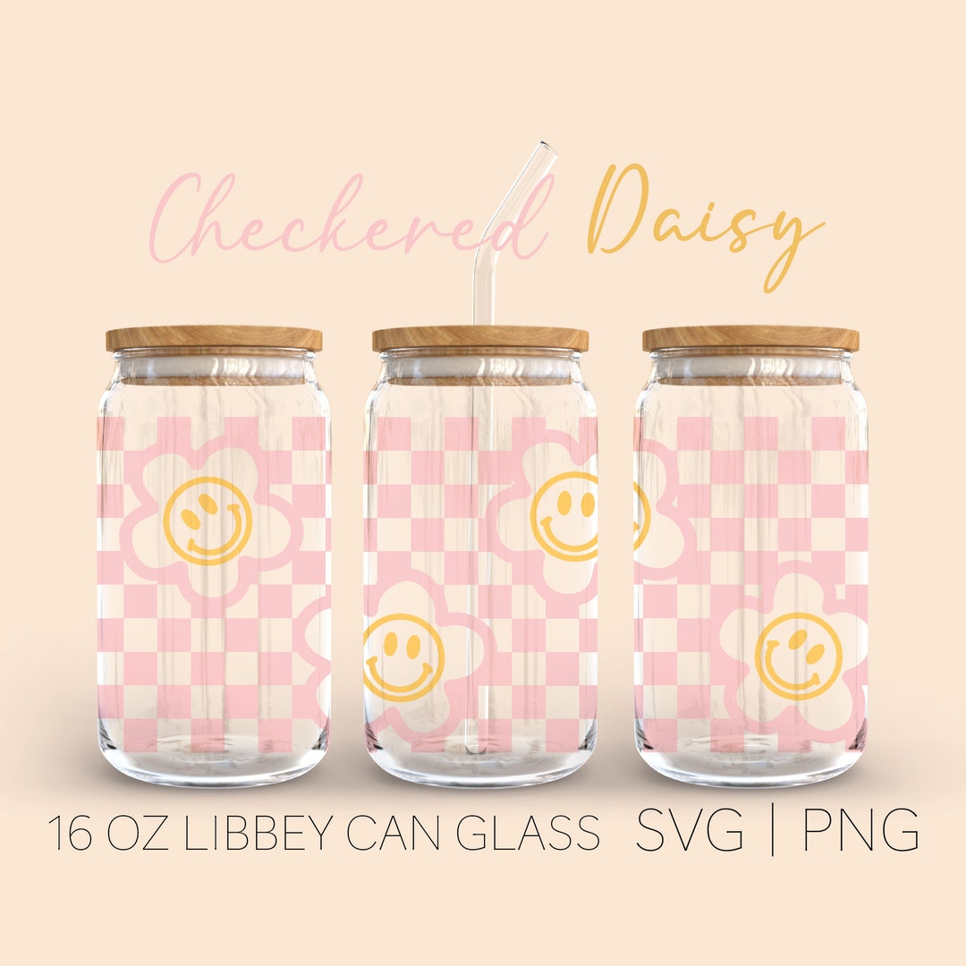 Checkered Retro Flower Libbey Can Glass Svg, 16 Oz Can Glass, Checkered ...