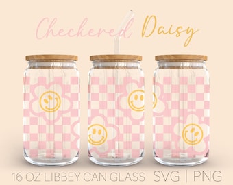 Checkered Retro Flower Libbey Can Glass Svg, 16 Oz Can Glass, Checkered Svg, Can Glass Wrap Svg, Cricut Cut File, Coffee Cup Svg, Crucut