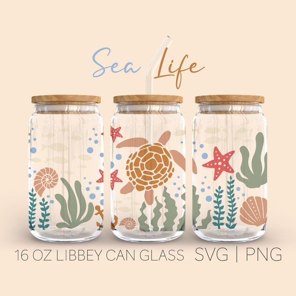 Sea Life Libbey Can Glass Svg, 16 Oz Can Glass, Sea Life Svg, Envoltura sin costuras, Patrón oceánico, Bajo el mar, Vida marina, Descarga digital