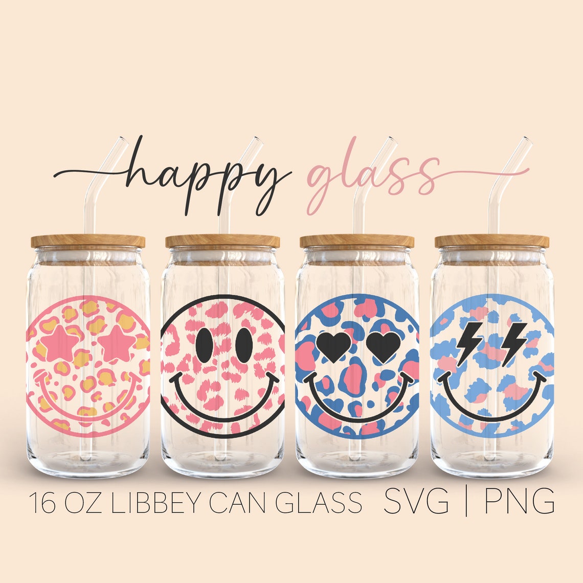 Happy Glass • 16oz Glass Can Cutfile, Leopard Smiley Svg, Smiley Face ...