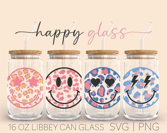 Happy Glass • 16oz Glass Can Cutfile, Leopard Smiley Svg, Smiley Face Svg, Retro Svg, Svg For Cricut, Digital Download