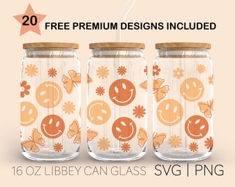 Groovy Smiles Svg, 16 Oz Glass Can Cut File, Groovy Svg, Daisies Svg, Smile, Libbey Glass Svg, Retro Flowers, Cup Wrap Svg, Cricut Cut File