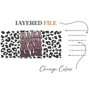 May include: Layered digital file for a design featuring the text "Mama Mommy Mom  Bruh" in a pink and purple gradient with a leopard print background.