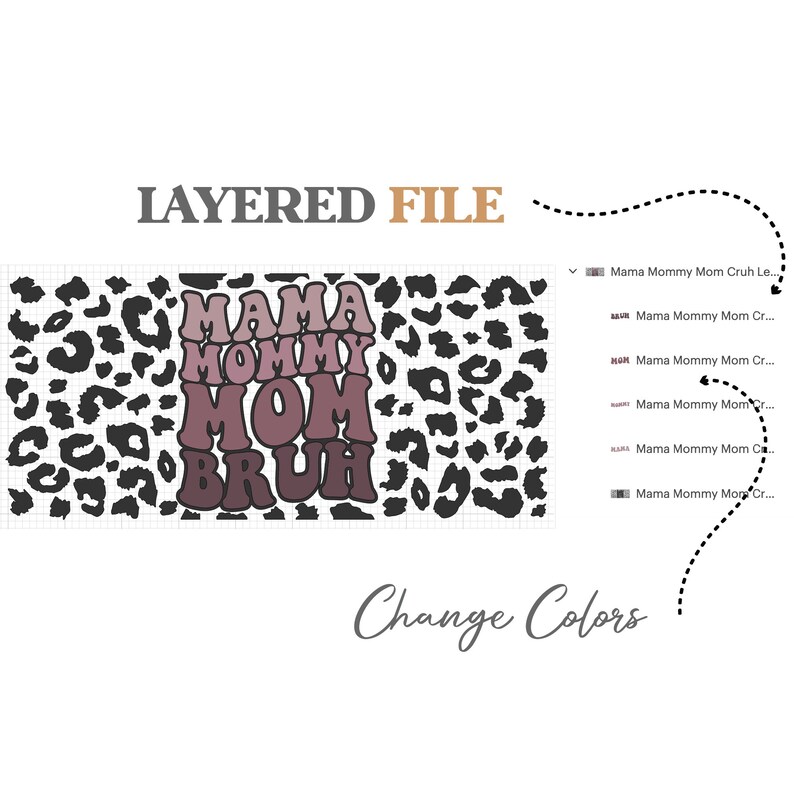 May include: Layered digital file for a design featuring the text "Mama Mommy Mom  Bruh" in a pink and purple gradient with a leopard print background.