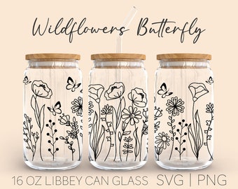 Floral with Butterfly Libbey Glass Svg | wild flowers Libbey glass svg bundle | 16oz Libbey Full Wrap | Instant Digital Download