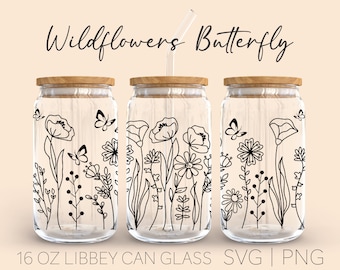 Floral with Butterfly Libbey Glass Svg | wild flowers Libbey glass svg bundle | 16oz Libbey Full Wrap | Instant Digital Download