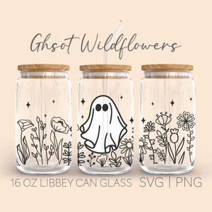 May include: Three 16 oz glass jars with wooden lids and black outlines of ghosts and wildflowers. The text "Ghost Wildflowers" is at the top of the image.