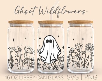 Ghost Wildflowers Libbey Can Glass Svg, 16 Oz Can Glass, Ghost Svg, Wild Flowers Svg, Spooky Svg, Halloween Ghost Svg, Beer Can Glass Cricut