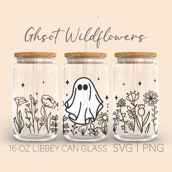 Ghost Wildflowers Libbey Can Glass Svg, 16 Oz Can Glass, Ghost Svg, Wild Flowers Svg, Spooky Svg, Halloween Ghost Svg, Beer Can Glass Cricut