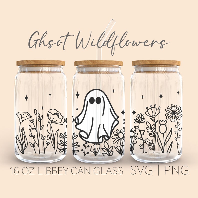 May include: Three 16 oz glass jars with wooden lids and black outlines of ghosts and wildflowers. The text "Ghost Wildflowers" is at the top of the image.