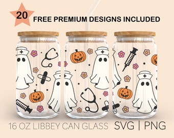 Nurse Ghost Svg, 16oz Glass Can Cutfile, Pumpkin Svg, Nurse Svg, Halloween Svg,Digital Download, Svg Files for Cricut