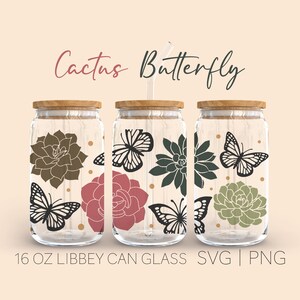 Succulent Butterfly Libbey Can Glass Svg, 16 Oz Can Glass, Succulent Svg, Cactus Svg, Botanical Svg, Butterfly Can Glass Svg