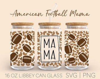 American Football MAMA Can Glass Wrap Svg | Sport Full Wrap Libbey 16oz Cricut Cut File Svg | Leopard background