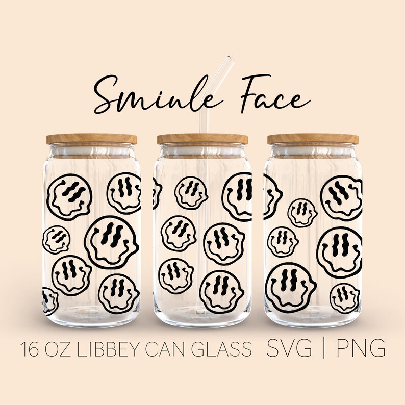 May include: Three 16 ounce glass jars with wooden lids and a black and white smiley face pattern. The text "Sminkle Face" is at the top of the image.