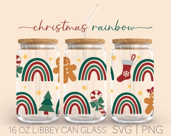 Christmas Rainbows • 16oz Glass Can Cutfile, Merry Christmas Can Glass Svg, Rainbows Svg, Pine Tree Svg, Christmas Elements Svg