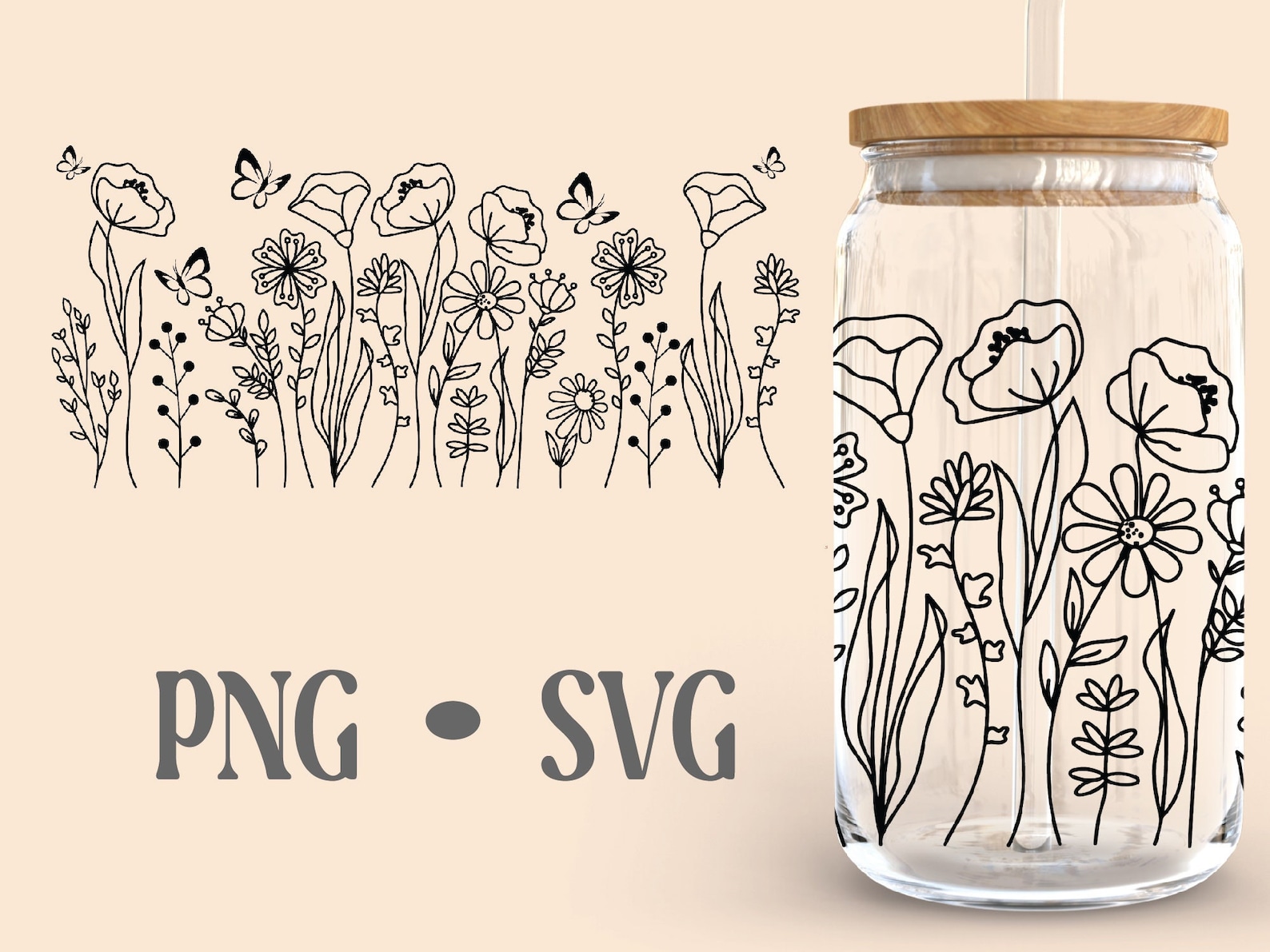 Floral With Butterfly Libbey Glass Svg | Wild Flowers Libbey Glass Svg ...