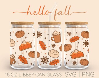 Hello Fall • 16oz Glass Can Cutfile, Thanksgiving Svg, Cozy Vibes Svg, Pumpkin Pies Svg, Fall, Autumn, Leaves Svg, Cut Files For Cricut,
