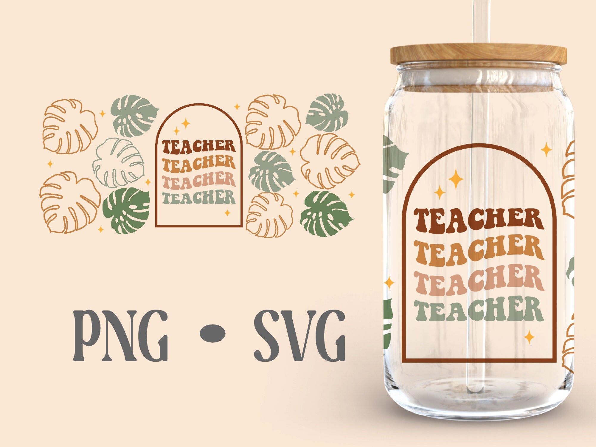 Teacher Monstera Boho Libbey Can Glass Svg 16 Oz Can Glass - Etsy