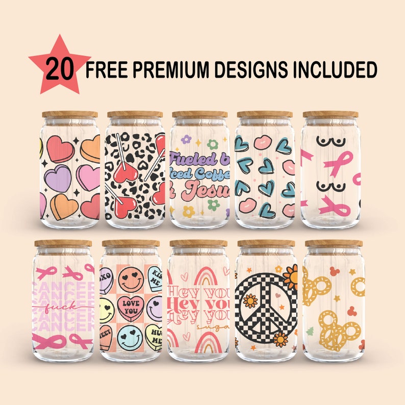 Puede incluir: Veinte dise&ntilde;os premium gratuitos para frascos de vidrio. Los dise&ntilde;os incluyen corazones, estampado de leopardo, signos de paz, arco&iacute;ris y m&aacute;s.