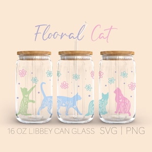 Floral Cat And Flower Libbey Can Glass Svg, 16 OZ Can Glass, Cats Svg, Cat Lover Svg, Floral Svg, Wild Flower Svg, Pets, Digital Download
