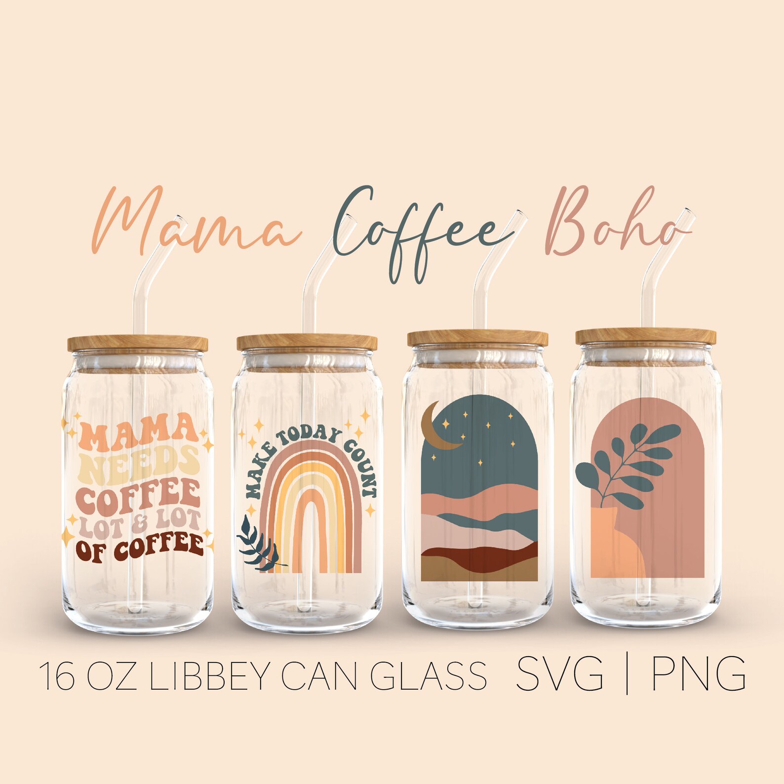 Mama Coffee Boho Element Libey Can Glass Svg 16 Oz Can Glass - Etsy