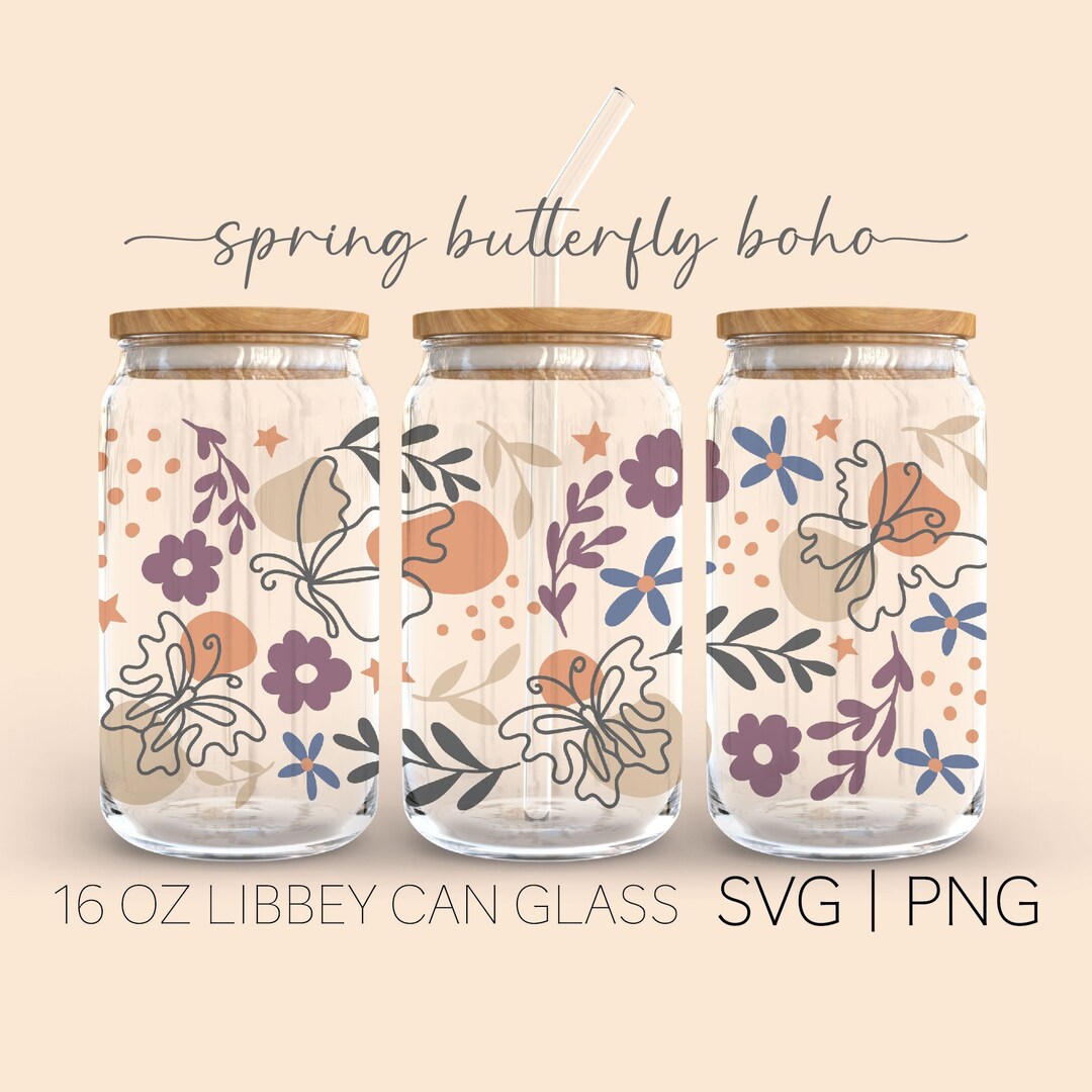 Spring Butterfly Boho • 16 Oz Glass Can Cut File, Flower Libbey Svg ...