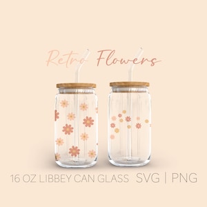 Retro Flowers Libbey Can Glass Svg, 16 Oz Can Glass, Floral Seamless Wrap Svg, Boho Style Art, Digital Download