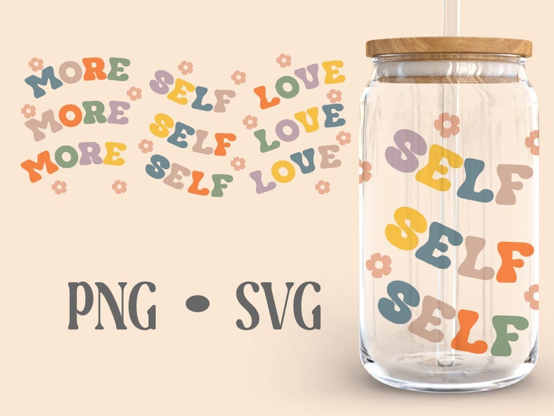 May include: A clear glass water bottle with a wooden lid and a straw. The bottle has a colorful design with the words "SELF" repeated multiple times. The design also includes small flower graphics.