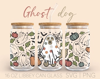 Lindo perro Halloween • 16oz Glass Can Cutfile, Halloween Libbey Glass Can Wrap, Halloween svg, Cute Ghost Svg, Flower Ghost Svg, Cricut