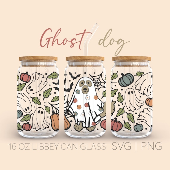Cute Dog Halloween • 16oz Glass Can Cutfile, Halloween Libbey Glass Can Wrap, Halloween Svg, Cute Ghost Svg, Flower Ghost Svg, Cricut