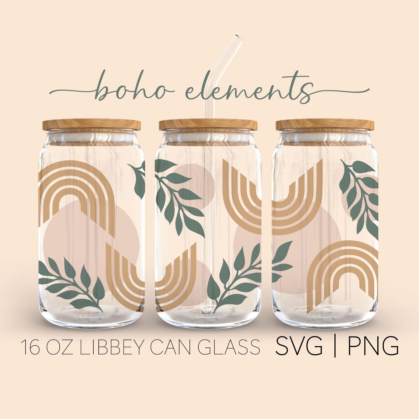 Boho Elements • 16 Oz Glass Can Cut File, Boho Elements Libbey Can ...