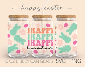 Happy Easter • 16 Oz Glass Can Cut File, Easter Can Glass Wrap svg, Bunny Can Glass Wraps, Bunnies Can Glass Wrap Svg png, Svg For Cricut