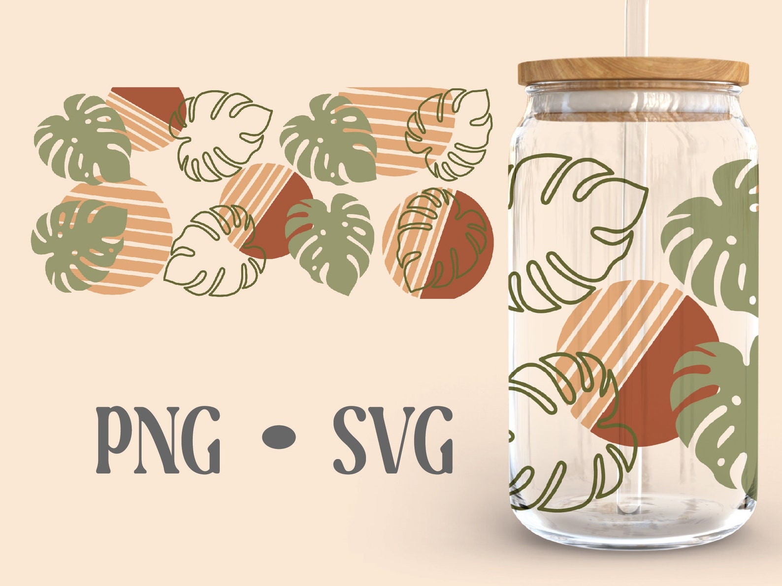 Monstera Boho Libbey Can Glass Svg, 16 Oz Can Glass, Boho Svg, Abstract ...