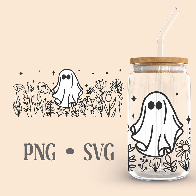 May include: A clear glass jar with a wooden lid and a straw. The jar has a black and white design of a ghost and flowers. The text "PNG - SVG" is below the jar.