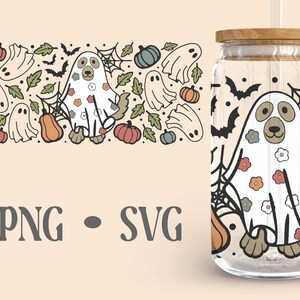 May include: A glass tumbler with a wooden lid and straw features a Halloween-themed design. The design includes a ghost with a dog face, pumpkins, bats, and spiderwebs. The text "PNG - SVG" is visible below the tumbler.