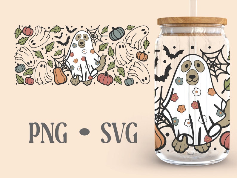 May include: A glass tumbler with a wooden lid and straw features a Halloween-themed design. The design includes a ghost with a dog face, pumpkins, bats, and spiderwebs. The text "PNG - SVG" is visible below the tumbler.