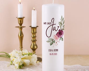 My mówimy tak! - Świeca ślubna z imieniem i datą, spersonalizowana świeca ślubna, motyw kwiatowy świecy ślubnej,
