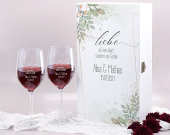 Wedding gift wooden box with two engraved wine glasses