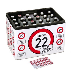 May include: A white cardboard box with a red and white speed limit sign design. The sign says "Hannes 22 Happy Birthday". The box is filled with 22 bottles of beer. There are also 22 small stickers with the number 22 on them.