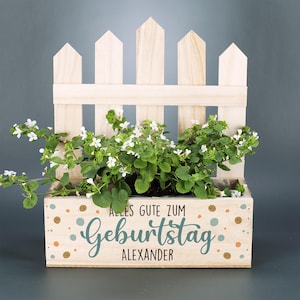 Pflanzkiste zum Geburtstag mit Name und Konfetti, Geschenkverpackung zum Geburtstag, Pflanzkorb Geburtstag, Geburtstag Geschenkidee
