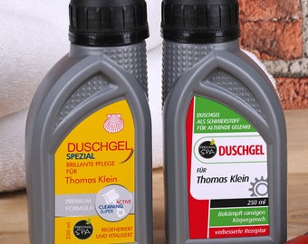 Gel douche au design huile moteur avec nom imprimé