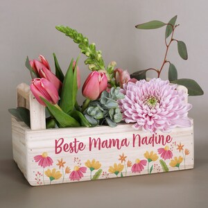 Pflanzkiste mit Wunschtext und Blumen-Motiv, Geschenkverpackung, Geburtstagsgeschenk, Muttertagsgeschenk, Ostergeschenk