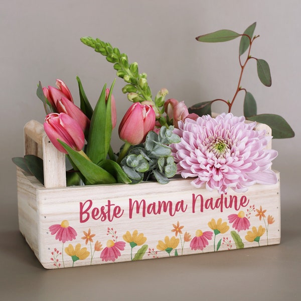 Pflanzkiste mit Wunschtext und Blumen-Motiv