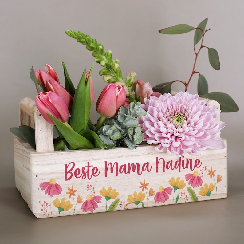 Pflanzkiste mit Wunschtext und Blumen-Motiv 画像 1